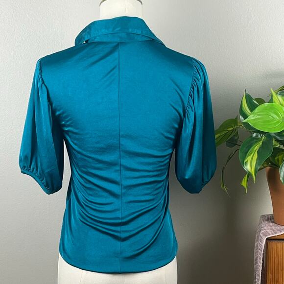 Cecil McBee Teal Ruffled V Neck Buttoned Blouse Small - Picture 4 of 8